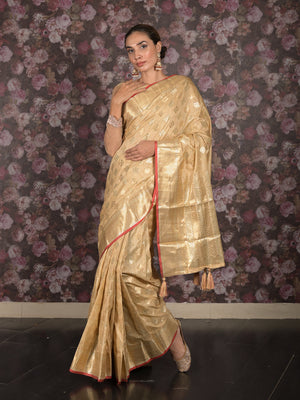Rajwada Beige Silk Blend Woven Saree with Unstitched Blouse for Women