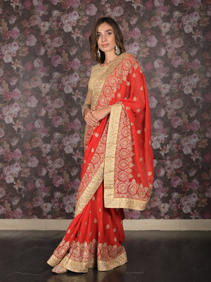 Rajwada Red Gold Zari Embroidered Georgette Saree with Unstitched Blouse for Women