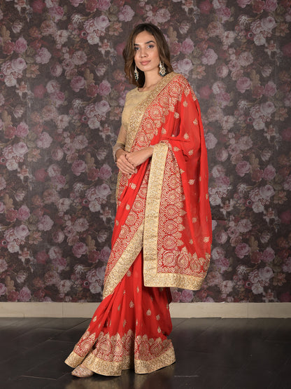 Rajwada Red Gold Zari Embroidered Georgette Saree with Unstitched Blouse for Women
