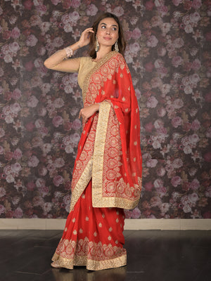 Rajwada Red Gold Zari Embroidered Georgette Saree with Unstitched Blouse for Women