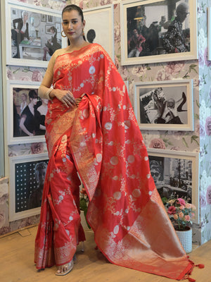 Rajwada Red Silk Blend Woven Saree with Unstitched Blouse for Women