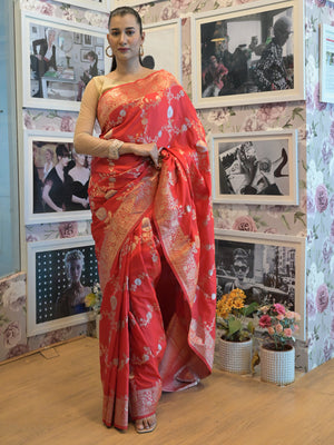 Rajwada Red Silk Blend Woven Saree with Unstitched Blouse for Women