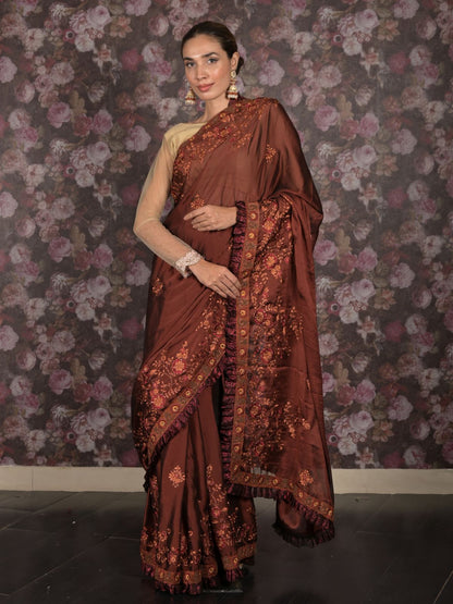 Rajwada Brown Embroidered Crepe Saree With Unstitched Blouse For Women