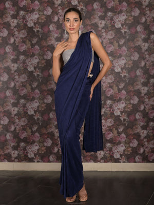 Rajwada Navy Blue Crushed Lycra Ready-to-Wear Saree with Unstitched Blouse for Women