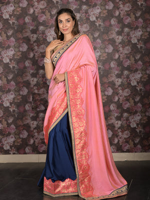 Rajwada Pink Embroidered Gold Shaded Silk Blend Saree with Unstitched Blouse for Women