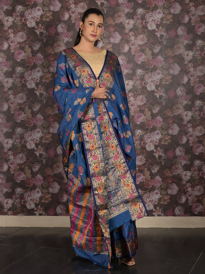 Rajwada Dark Blue Woven Silk Blend Saree With Unstitched Blouse For Women