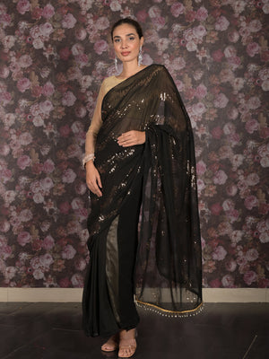 Rajwada Black and Gold Sequins Embroidered Georgette Saree with Unstitched Blouse for Women