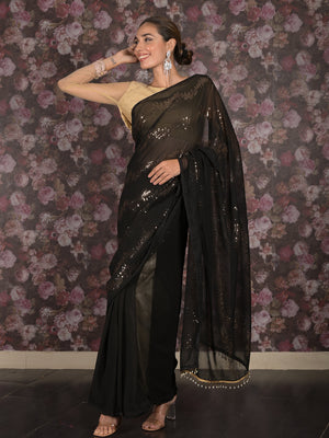 Rajwada Black and Gold Sequins Embroidered Georgette Saree with Unstitched Blouse for Women