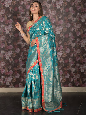 Rajwada Teal Ethnic Banarasi Silk Saree with Unstitched Blouse for Women