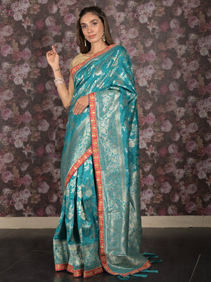 Rajwada Teal Ethnic Banarasi Silk Saree with Unstitched Blouse for Women