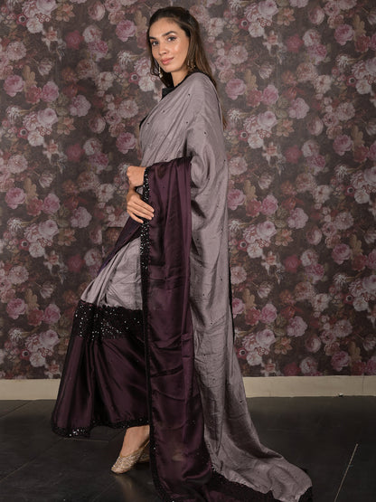 Rajwada Dark Purple Sequins Embroidered Crepe Saree with Unstitched Blouse for Women