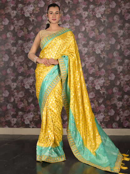 Rajwada Yellow Banarasi Silk Embroidered Woven Saree with Unstitched Blouse for Women