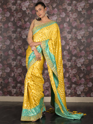 Rajwada Yellow Banarasi Silk Embroidered Woven Saree with Unstitched Blouse for Women