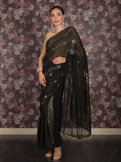 Rajwada Black Woven Chiffon Saree Without Blouse for Women