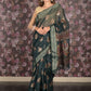 Rajwada Dark Green Block Printed Cotton Blend Saree with Unstitched Blouse for Women