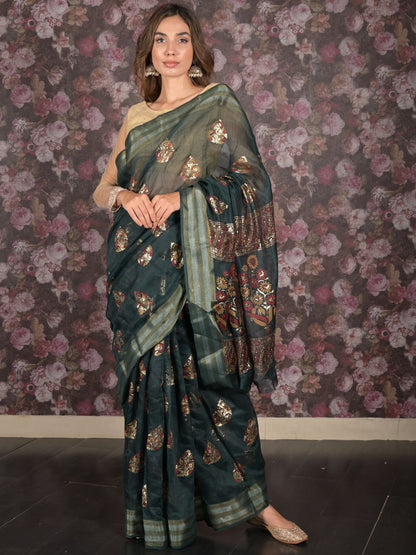 Rajwada Dark Green Block Printed Cotton Blend Saree with Unstitched Blouse for Women