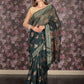 Rajwada Dark Green Block Printed Cotton Blend Saree with Unstitched Blouse for Women