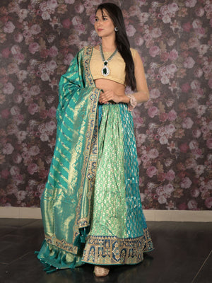 Rajwada Teal Dual Tone Woven Semi Stitched Net Lehenga Set With Dupatta And Unstitched Blouse For Women