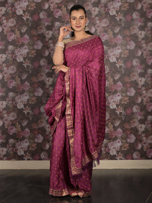 Rajwada Purple Block Printed Silk Blend Saree With Unstitched Blouse For Women