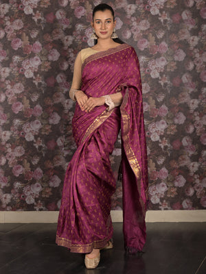 Rajwada Purple Block Printed Silk Blend Saree With Unstitched Blouse For Women