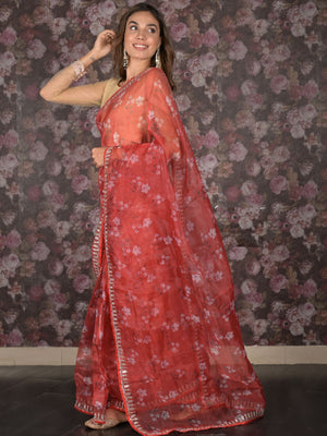 Rajwada Red Floral Printed Embroidered Organza Saree with Unstitched Blouse for Women