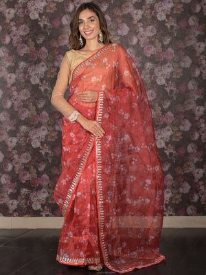 Rajwada Red Floral Printed Embroidered Organza Saree with Unstitched Blouse for Women