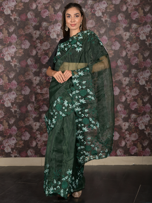 Rajwada Green Floral Embroidered Organza Saree with Unstitched Blouse for Women