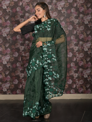 Rajwada Green Floral Embroidered Organza Saree with Unstitched Blouse for Women
