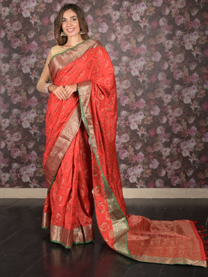 Rajwada Red Silk Blend Saree With Unstitched Blouse For Women