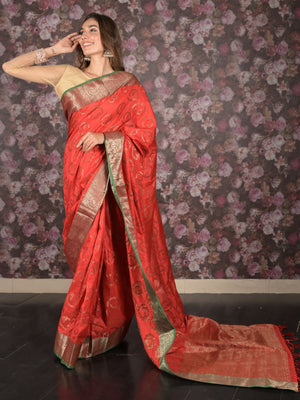 Rajwada Red Silk Blend Saree With Unstitched Blouse For Women
