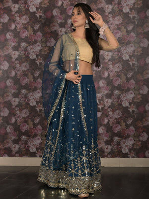Rajwada Teal Sequins Embroidered Lehenga Set With Dupatta And Unstitched Blouse For Women