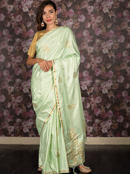 Rajwada Light Green Woven Satin Saree With Unstitched Blouse For Women