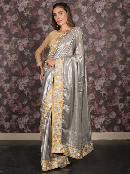 Rajwada Grey Shimmer Polyester Embroidered Saree with Unstitched Blouse for Women