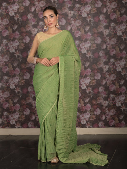 Rajwada Green Crushed Cotton Blend Saree With Unstitched Blouse For Women
