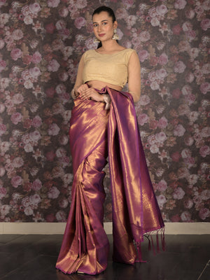 Rajwada Purple Woven Silk Blend Saree With Unstitched Blouse For Women