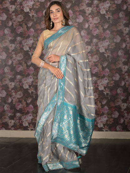 Rajwada Grey Printed Soft Net Saree with Unstitched Blouse for Women