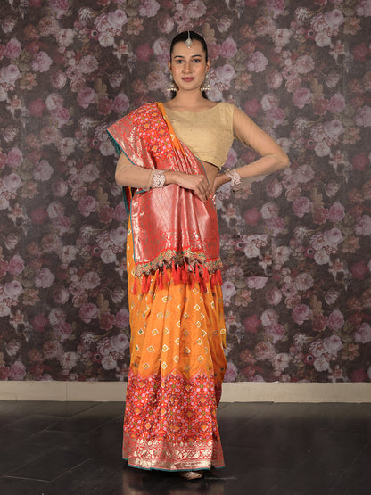 Rajwada Yellow Silk Blend Woven Saree With Unstitched Blouse For Women