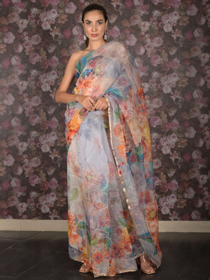 Rajwada Light Blue Floral Printed Organza Saree with Unstitched Blouse for Women