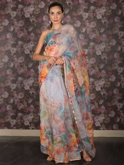 Rajwada Light Blue Floral Printed Organza Saree with Unstitched Blouse for Women