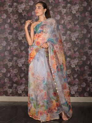 Rajwada Light Blue Floral Printed Organza Saree with Unstitched Blouse for Women