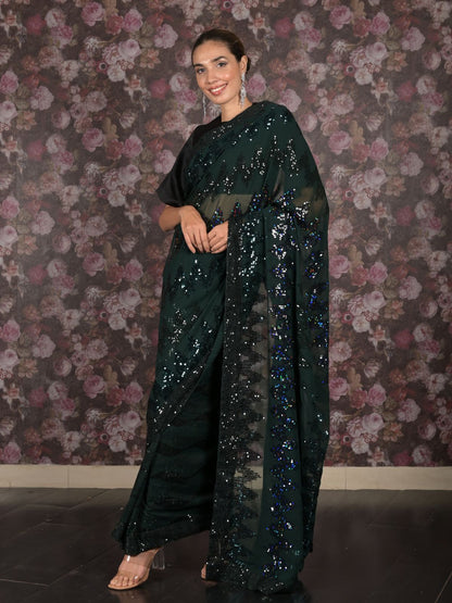 Rajwada Dark Green Georgette Sequins Embroidered Saree With Unstitched Blouse For Women