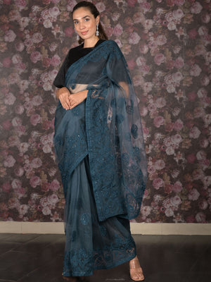 Rajwada Teal Embroidered Net Saree with Unstitched Blouse for Women