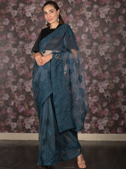 Rajwada Teal Embroidered Net Saree with Unstitched Blouse for Women