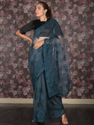 Rajwada Teal Embroidered Net Saree with Unstitched Blouse for Women