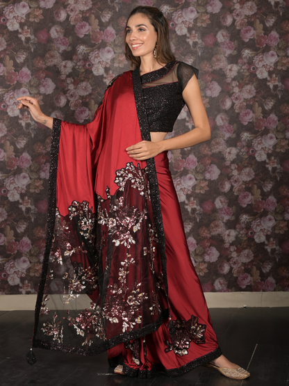 Rajwada Maroon Sequins Embroidered Lycra Saree with Stitched Blouse for Women