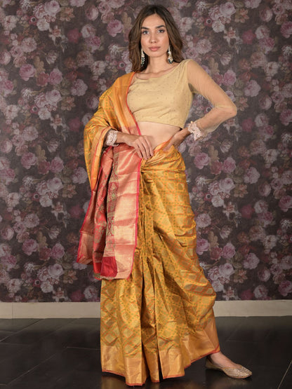 Rajwada Mustard Silk Blend Woven Saree with Unstitched Blouse for Women