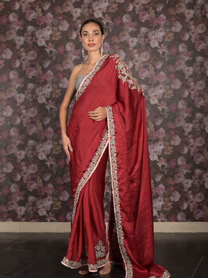 Rajwada Maroon Zari and Stone Embroidered Satin Saree with Unstitched Blouse for Women