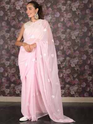 Rajwada Pink Heart Shape Embroidered Georgette Saree with Unstitched Blouse for Women