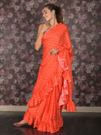 Rajwada Orange Sequins Embellished Crepe Saree With Unstitched Blouse For Women