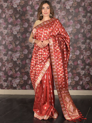 Rajwada Red Cotton Blend Woven Saree with Unstitched Blouse for Women